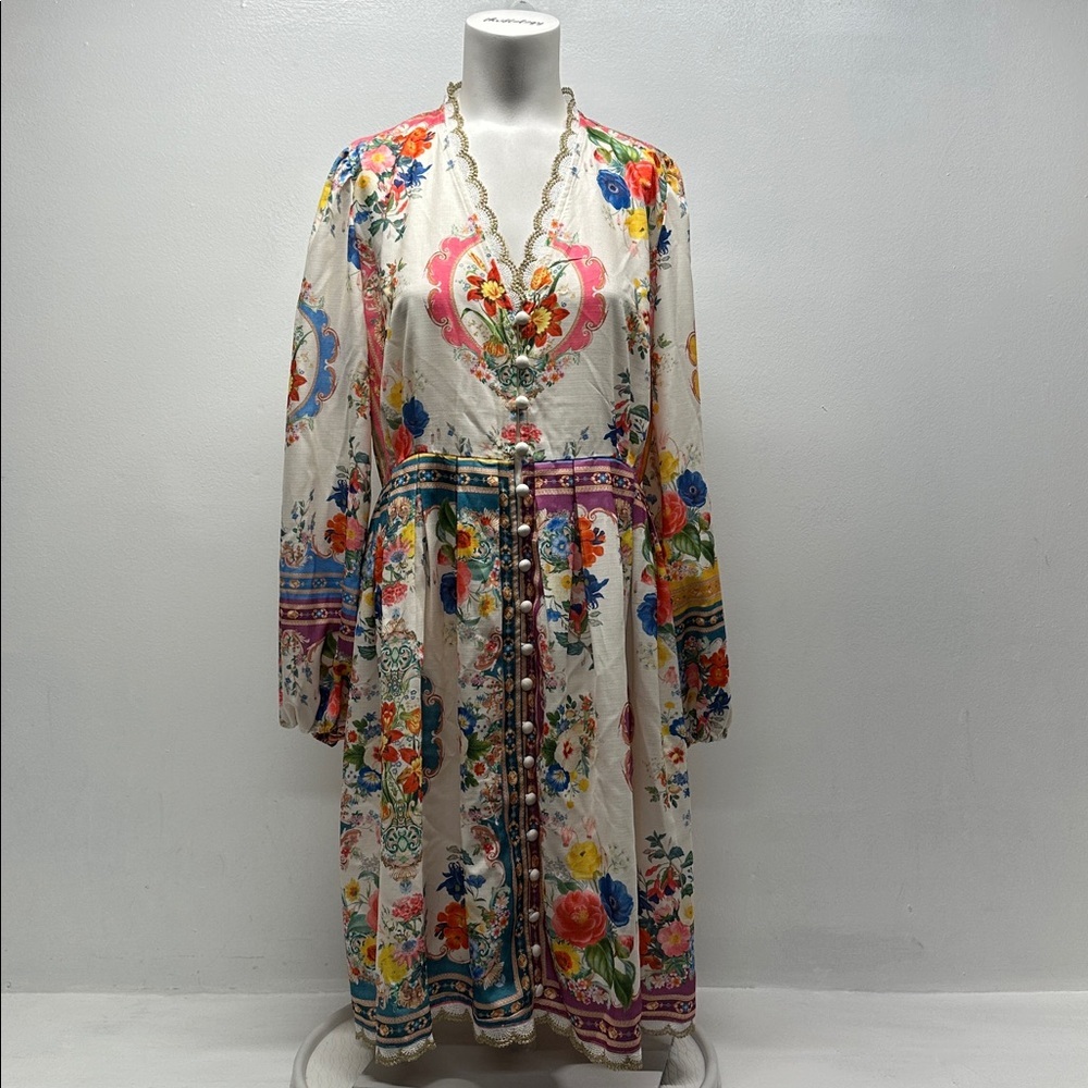 Dahlia MacPhee Dress Long Sleeve Floral V-Neck Button Down Lace Colorful Large